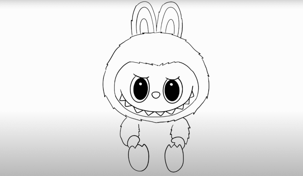 Cute cartoon monster with big eyes and bunny ears, sitting and smiling, outlined in black and white.