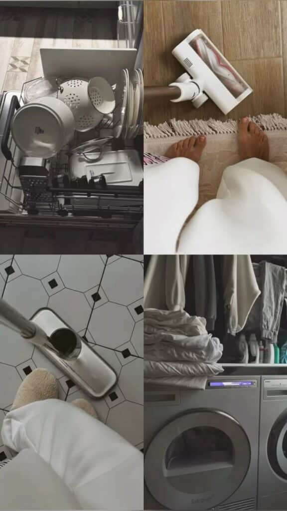 Collage of household chores: loading dishwasher, vacuuming floor, mopping tiles, and folding laundry by washing machine.