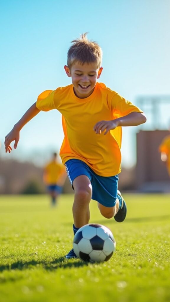 Young boy in yellow jersey playing soccer on a sunny field, displaying excitement and agility with the ball.