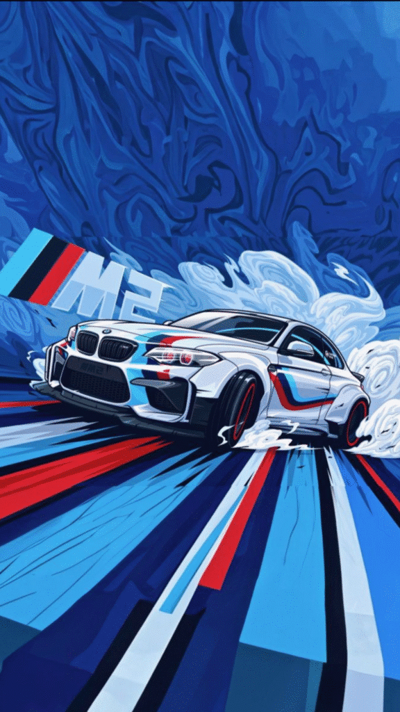 Illustrated BMW M2 drifting with vibrant blue and red graphics, showcasing speed and dynamic motion.