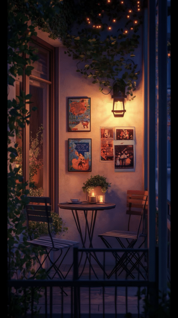 Cozy outdoor patio with string lights, framed art, table, chairs, candles, lanterns, and plants. Perfect evening ambiance.