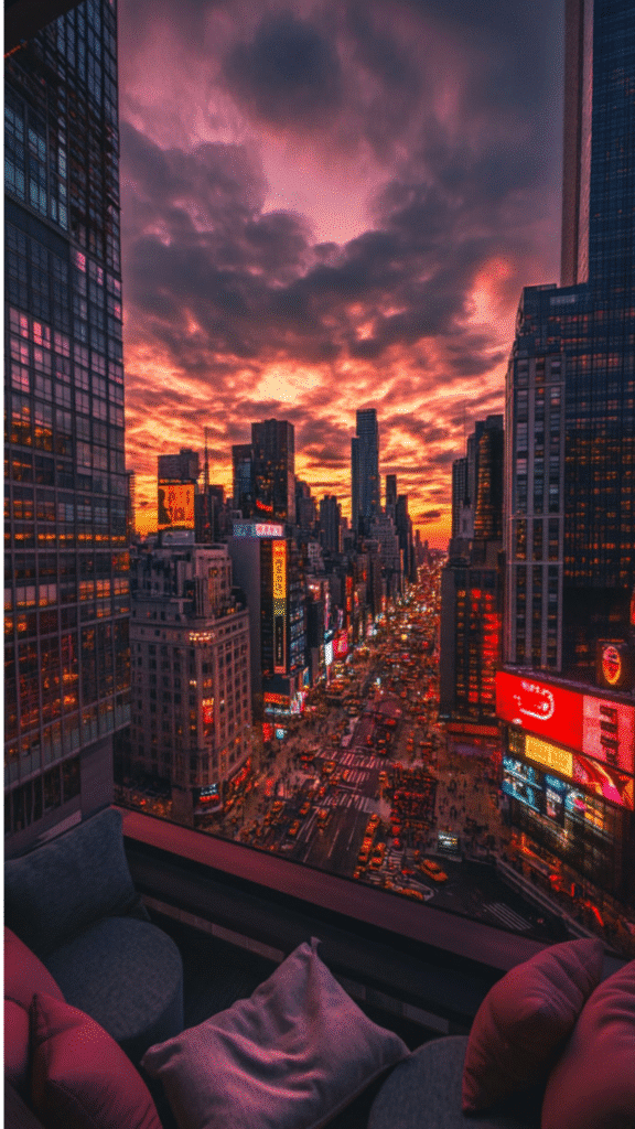 Vibrant cityscape from high above at dusk, with colorful lights and dramatic sunset sky.