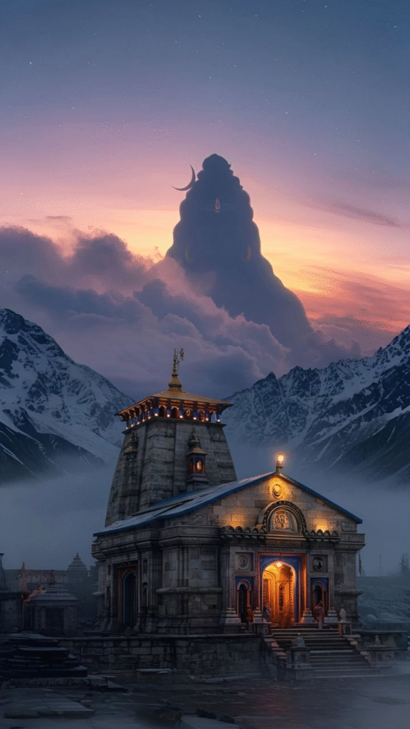 Majestic temple at dusk with mountain backdrop and dreamy cloud silhouette.