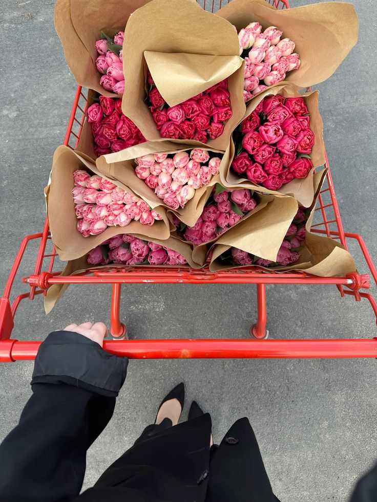 Shopping cart filled with pink and red roses wrapped in brown paper on a gray pavement.
