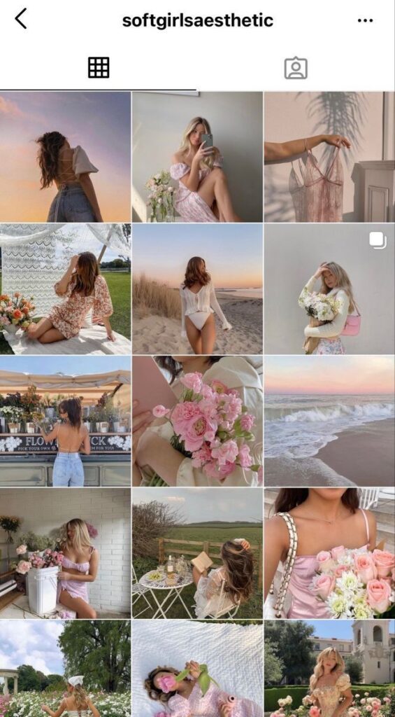 Collage of soft girl aesthetic images featuring flowers, beaches, and pastel outfits.