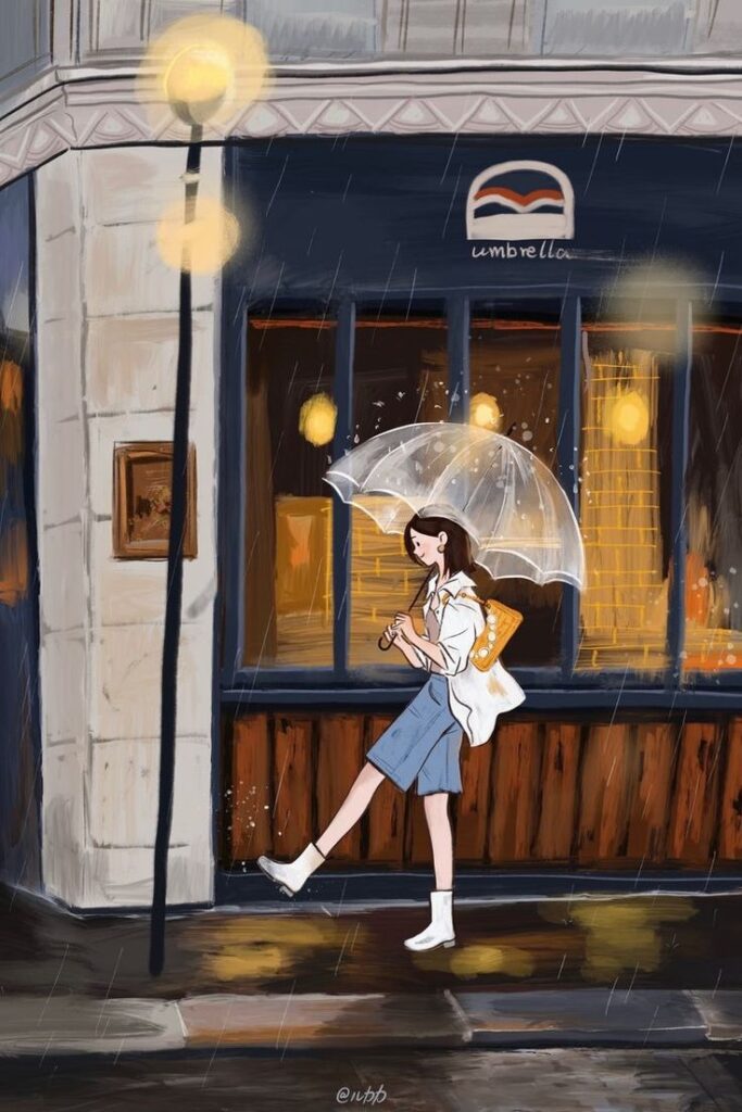 Illustration of woman with umbrella walking in rain by a cozy café.