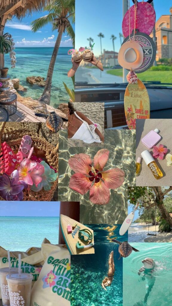 Tropical beach collage with palm trees, ocean, surfboards, flowers, and summer accessories. Vibrant holiday vibes.