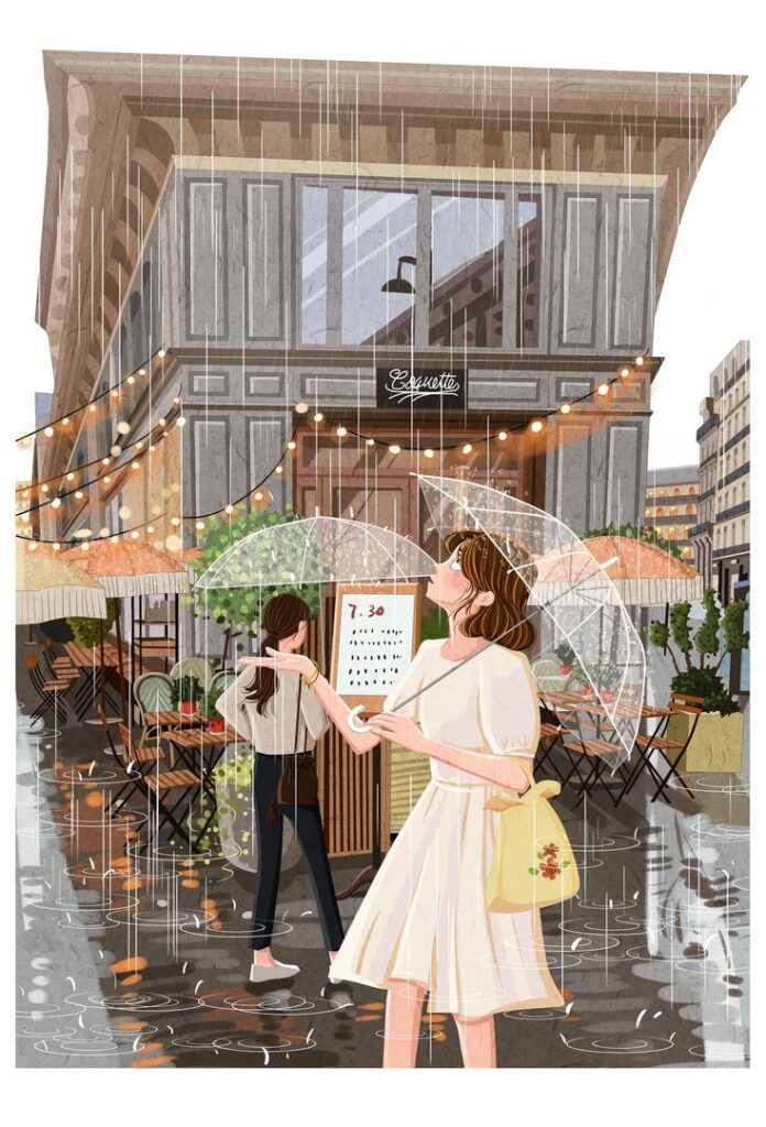 Illustration of a woman with a clear umbrella in the rain outside a cafe with festive string lights.