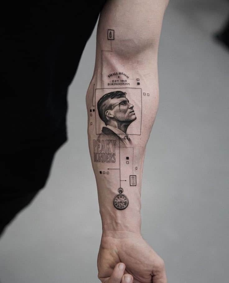 Arm tattoo featuring a portrait, text Peaky Blinders, and a pocket watch design on the inner forearm.
