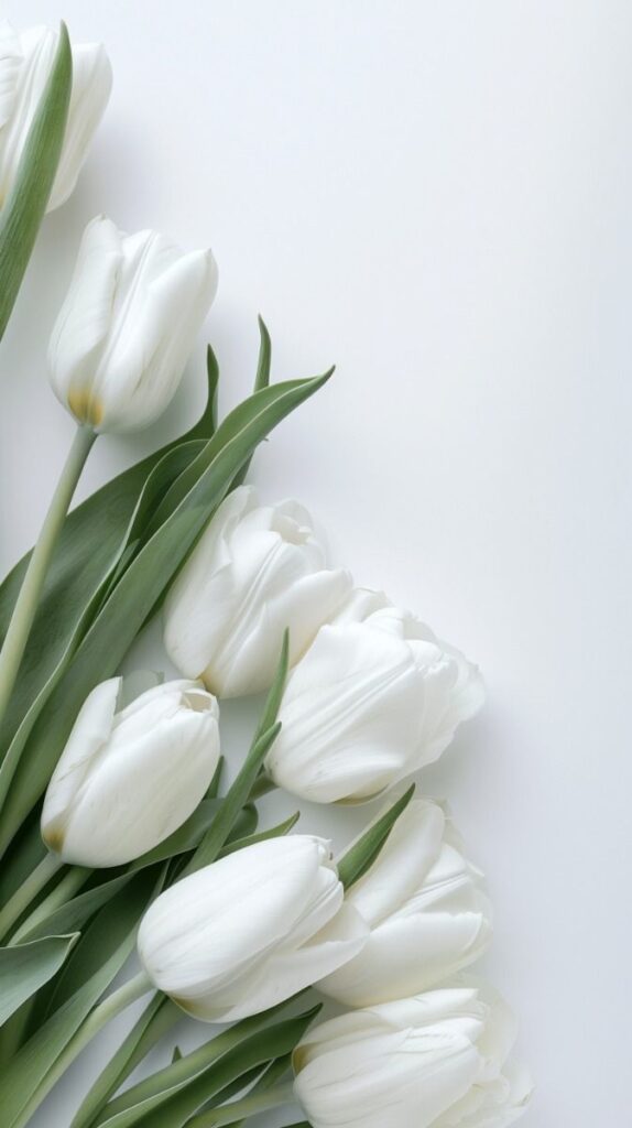 White tulips with green leaves on a white background, perfect for spring decor and floral arrangements.