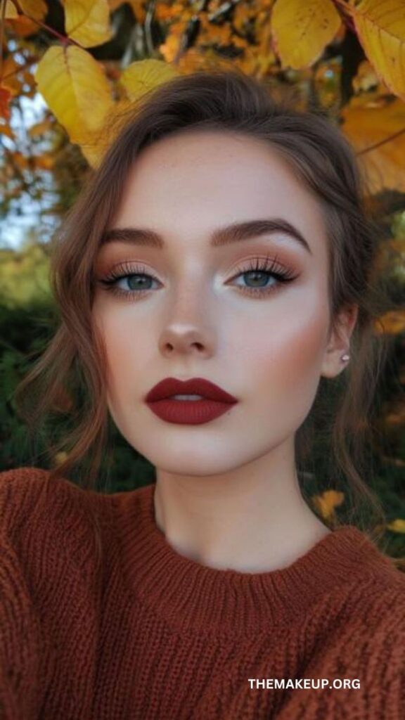 Woman in autumn scene with bold makeup and knitted sweater, surrounded by fall leaves.