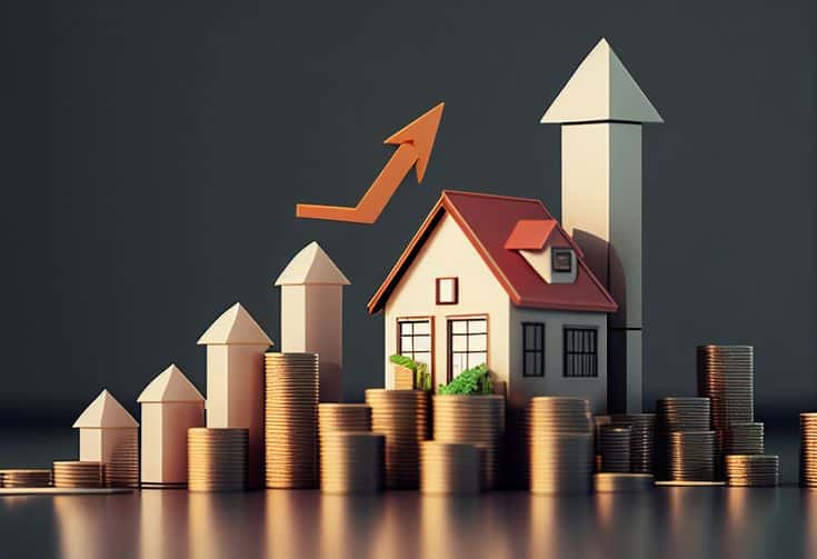 House model with arrow symbolizing real estate growth, surrounded by stacked coins and rising graph bars.