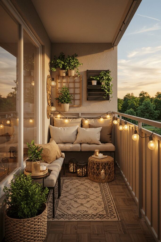 Cozy balcony with string lights, plants, and a cushioned seating area at sunset. Perfect outdoor relaxation space.