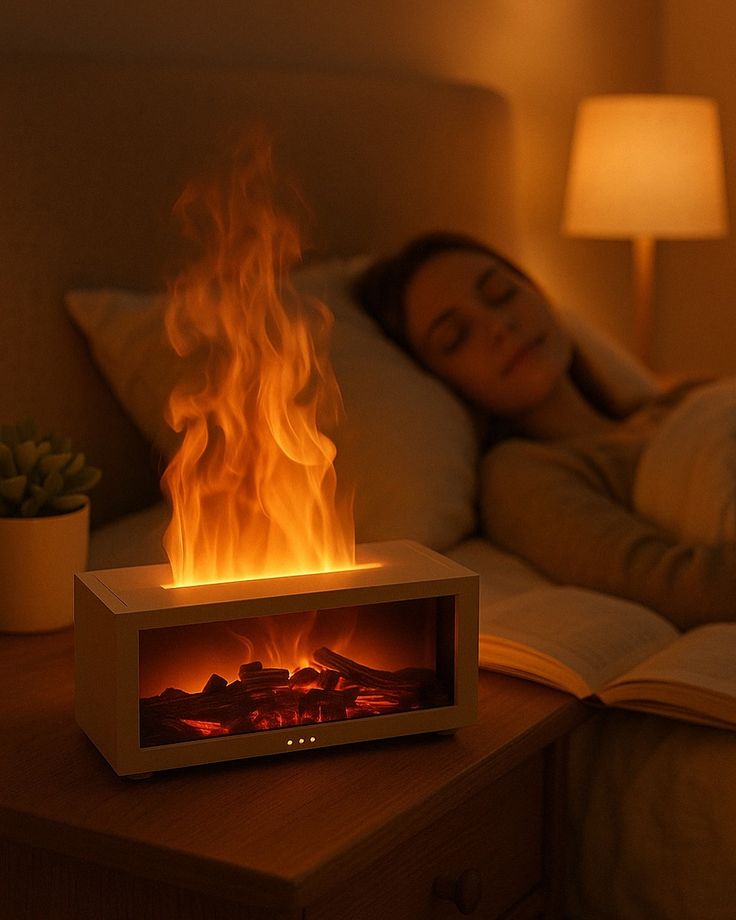 Modern mini fireplace casting a warm glow in a cozy bedroom, enhancing relaxation and ambiance next to a sleeping woman.