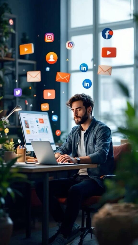 Man working on laptop surrounded by social media icons in a modern office setting.