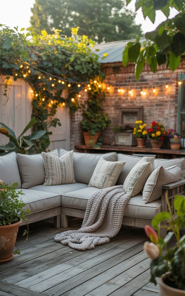 Cozy outdoor patio with string lights, lush greenery, and a comfy sectional sofa adorned with pillows and a knit blanket.