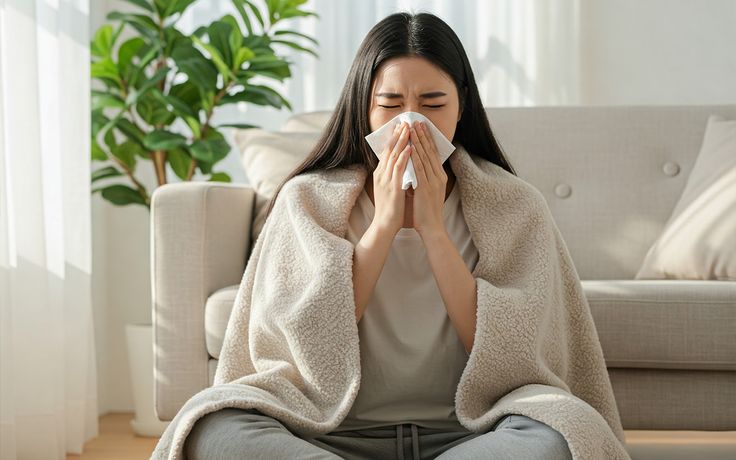 알레르기 예방에 공기청정기_ 효과 있을까_ Woman wrapped in a blanket sneezing into a tissue, sitting indoors. | Sky Rye Design Woman wrapped in a blanket sneezing into a tissue, sitting indoors.