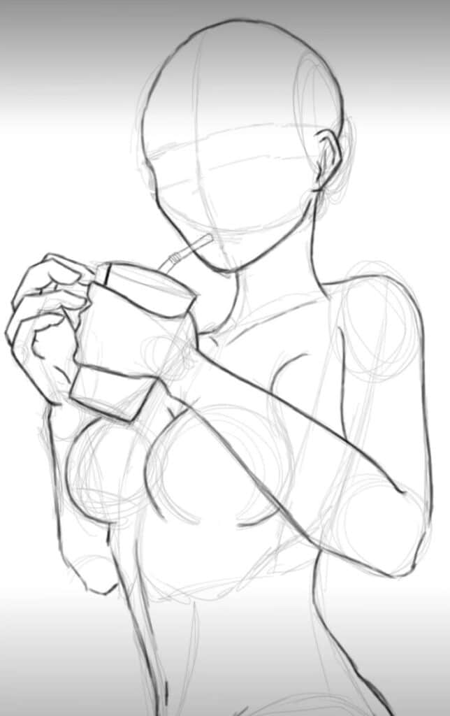 Anime sketch of a person drinking from a mug, in a dynamic pose with visible construction lines.