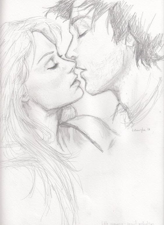 Pencil sketch of a couple gently kissing, capturing a romantic and intimate moment.