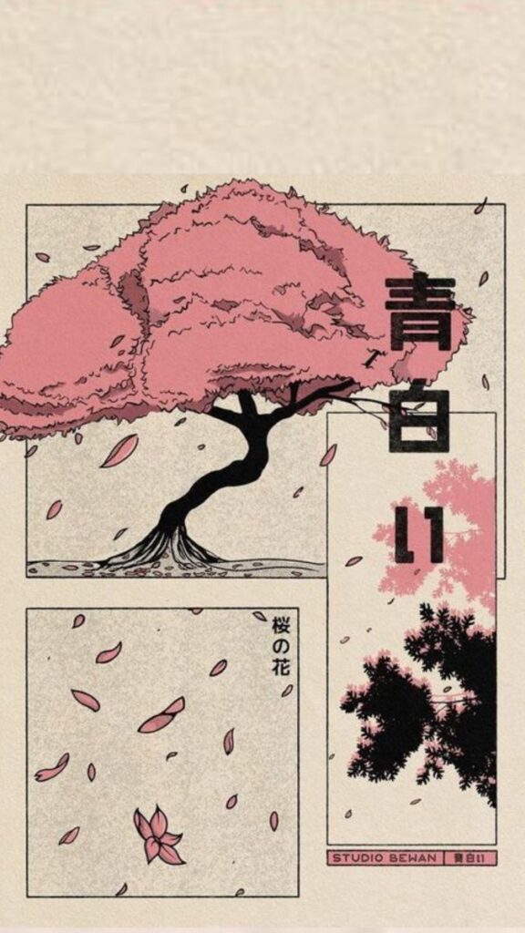 Stylized Japanese cherry blossom tree with pink leaves and falling petals in an artistic comic-style layout.