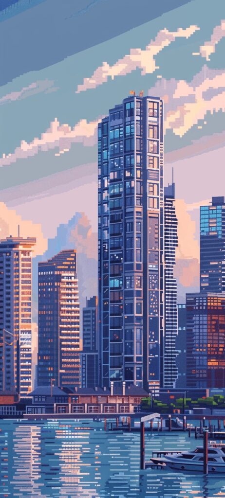 062198ef-adad-4535-92a7-d251aa7aa30f Pixel art cityscape with skyscrapers and waterfront at sunset, reflecting vibrant skies on tranquil water. | Sky Rye Design Pixel art cityscape with skyscrapers and waterfront at sunset, reflecting vibrant skies on tranquil water.