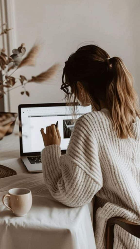Woman in cozy sweater working on laptop with coffee mug on table.