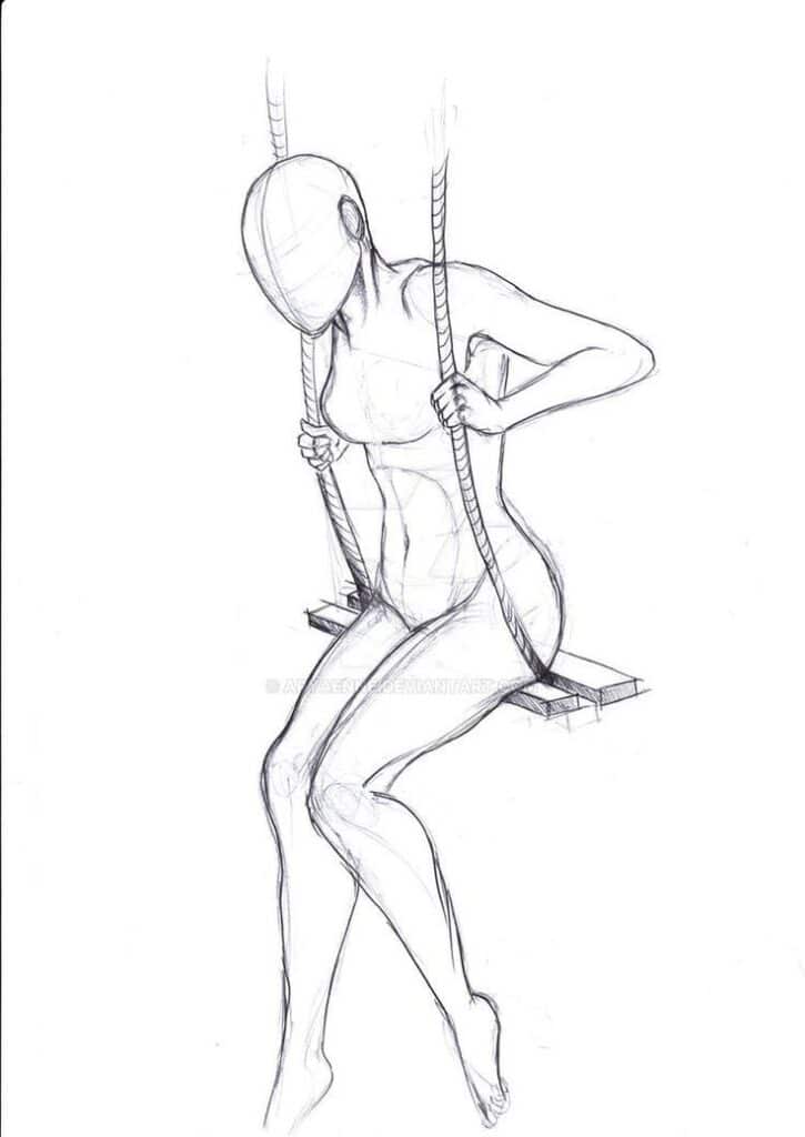 Sketch of a faceless figure sitting on a swing, showcasing anatomy and pose study.