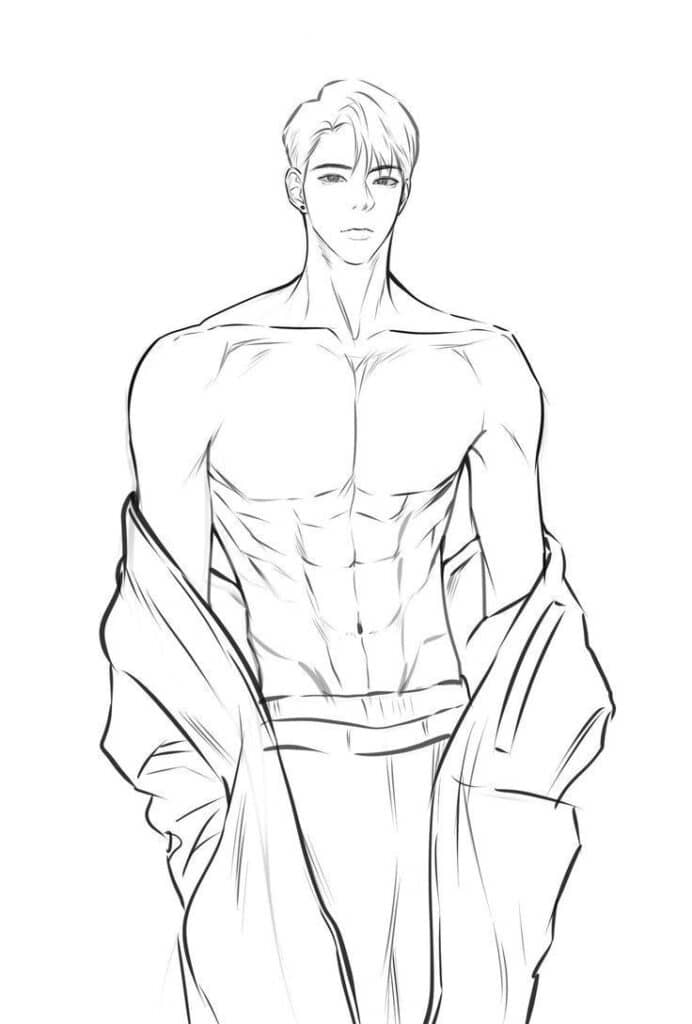 Black and white sketch of a muscular man with an open coat, showcasing an athletic male physique.