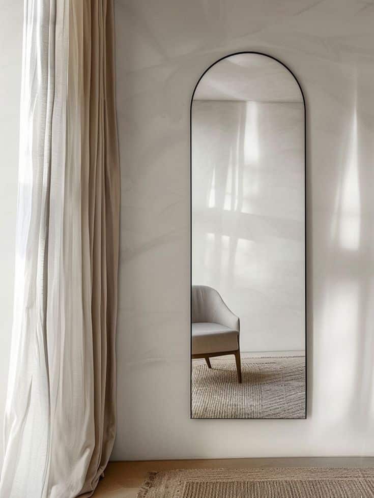 Floor-length mirror reflecting a modern armchair, with beige curtains and a textured rug in a minimalistic room.