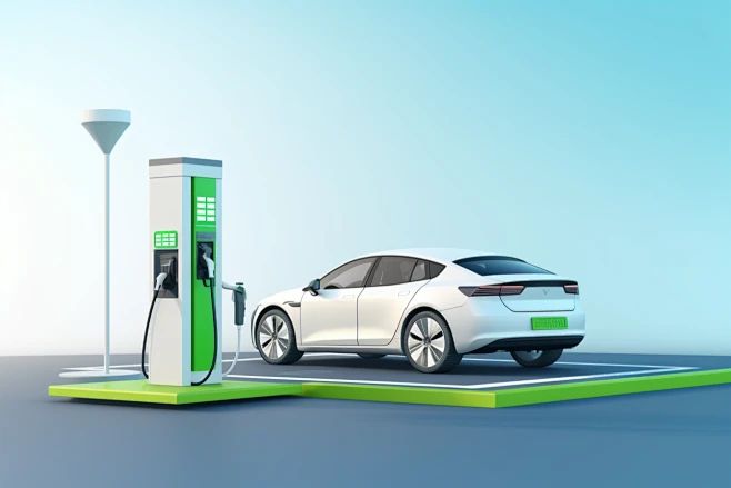 Electric car charging at a green energy station under a clear blue sky.