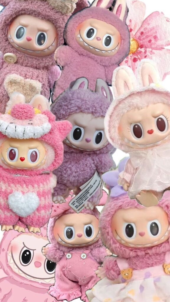 _ 1 Cute plush toys dressed in pink and purple animal costumes with big eyes and smiles, floral background. | Sky Rye Design Cute plush toys dressed in pink and purple animal costumes with big eyes and smiles, floral background.