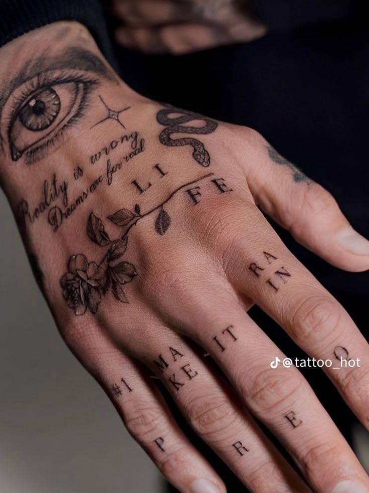 Hand tattoo with an eye, snake, text: Reality is wrong, dreams are for real, rose, and life message.