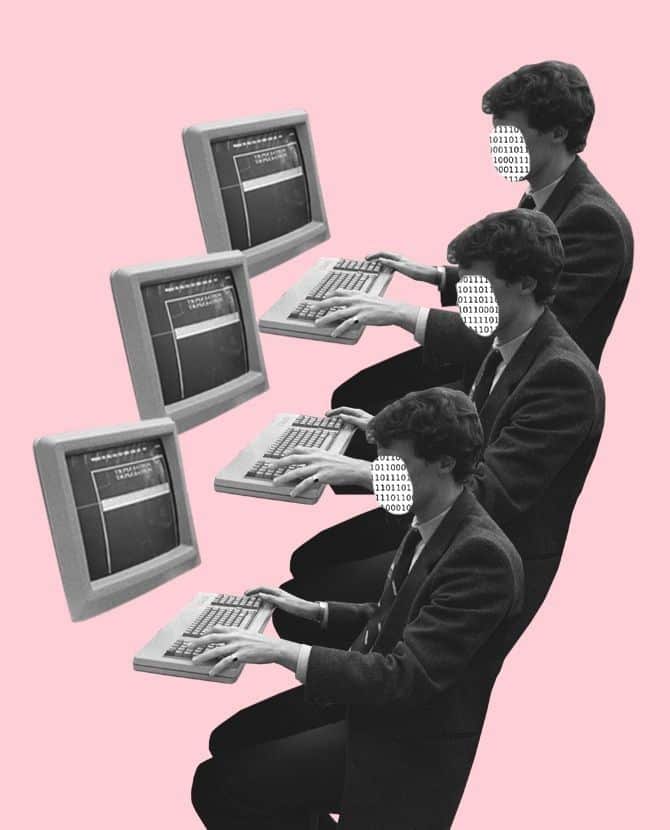 Retro computer users with binary code faces typing on keyboards, surrounded by floating computer monitors on a pink background.