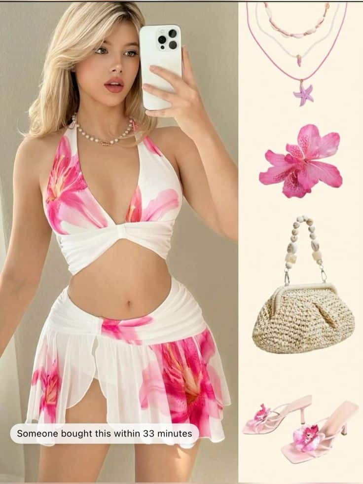 Woman in floral swimsuit takes mirror selfie, showcasing jewelry, pink flower, bag, and heeled sandals.