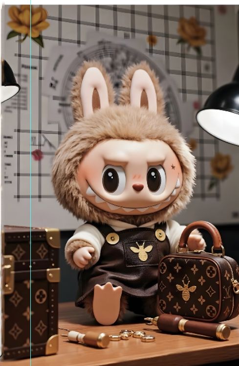 Cute toy figure with bunny ears and a playful expression, sitting on a table with stylish bags and decor.