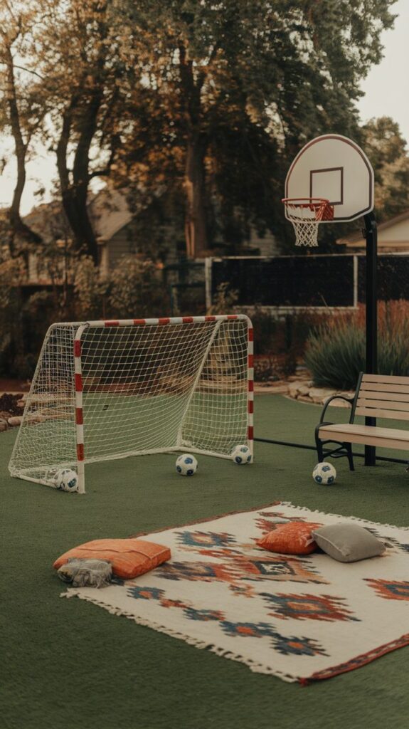 Outdoor play area with a soccer goal, basketball hoop, and colorful rug on artificial turf.