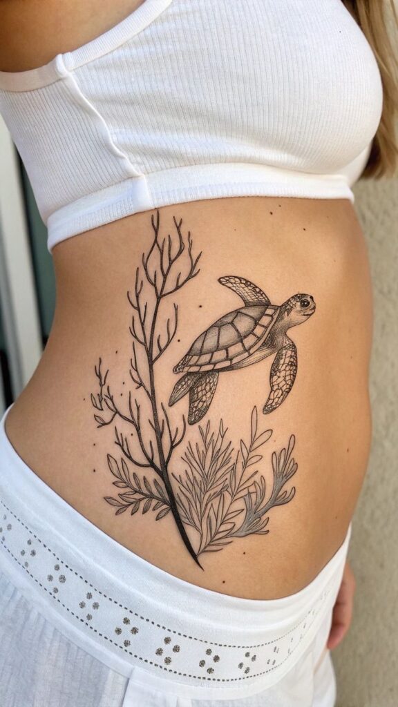 Side torso with a sea turtle and aquatic plant tattoo, showcasing intricate black linework art.