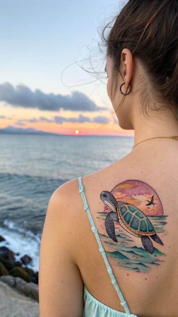 Woman with a sea turtle tattoo on her back by the ocean at sunset, wearing a teal strap top.
