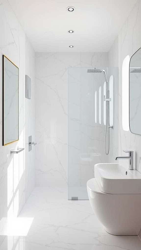 10 Stunning White Marble Bathrooms to Inspire Your Renovation Sleek white bathroom with marble tiles, glass shower, modern sink, and mirror for a minimalist design. | Sky Rye Design Sleek white bathroom with marble tiles, glass shower, modern sink, and mirror for a minimalist design.
