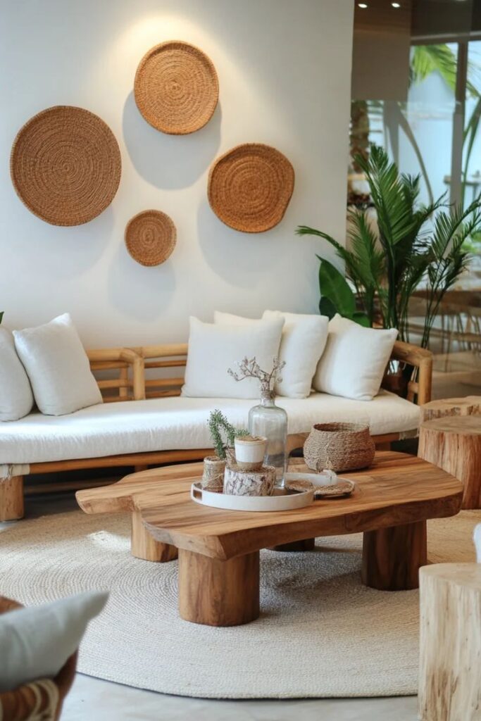 Cozy bohemian living room with wicker decor, wooden furniture, white cushions, and leafy plants for a natural vibe.
