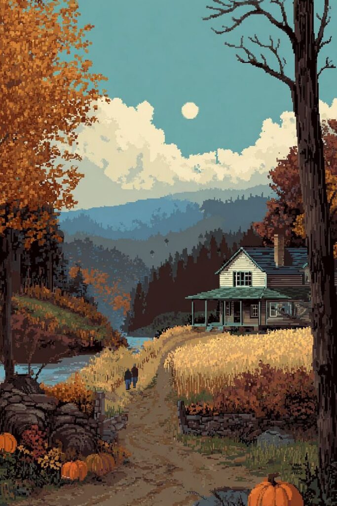 Pixel art of an autumn landscape with a cottage, golden fields, pumpkins, and a path under a cloudy blue sky.