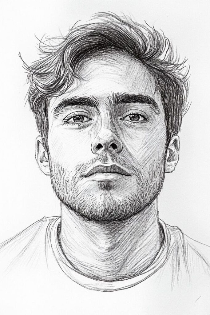 Pencil sketch of a bearded man with tousled hair, gazing forward, showcasing detailed facial features and expression.