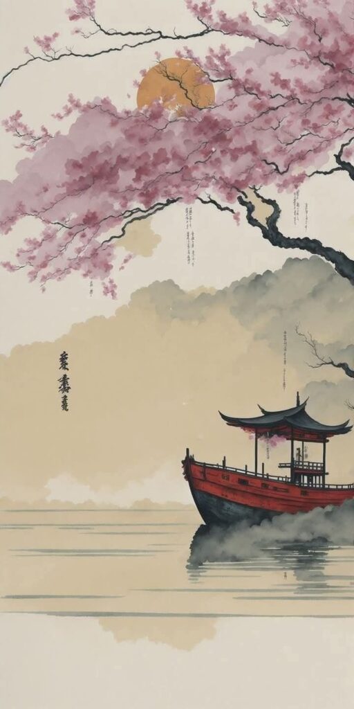 Traditional Japanese painting of a boat under cherry blossoms with sun in background.