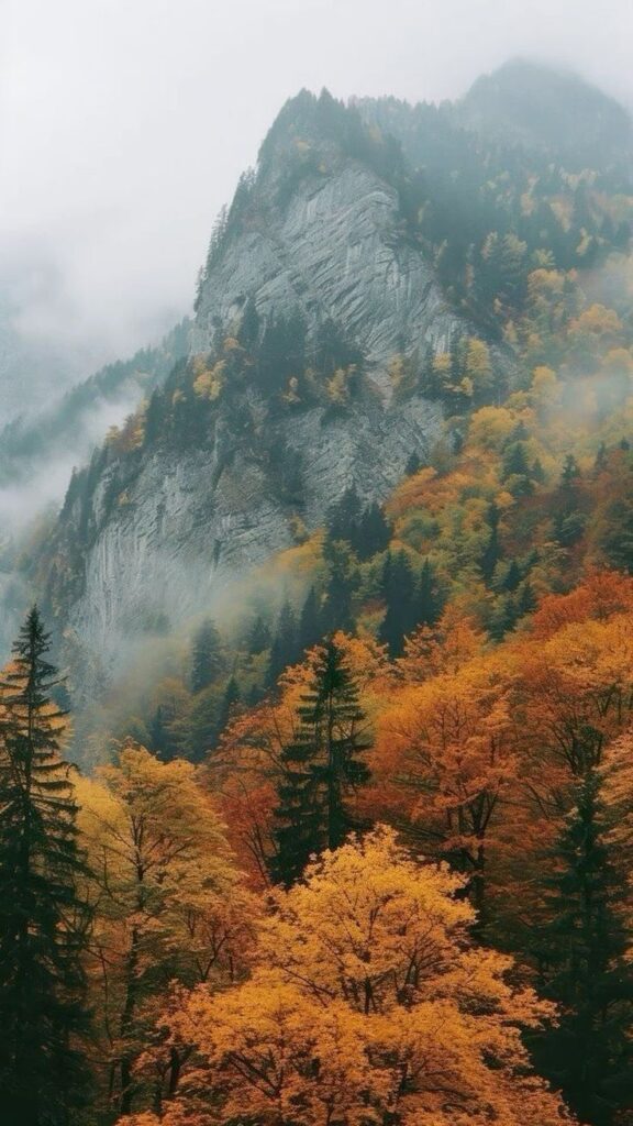 Foggy mountain landscape with vibrant autumn trees, featuring mist-covered peaks and colorful foliage.