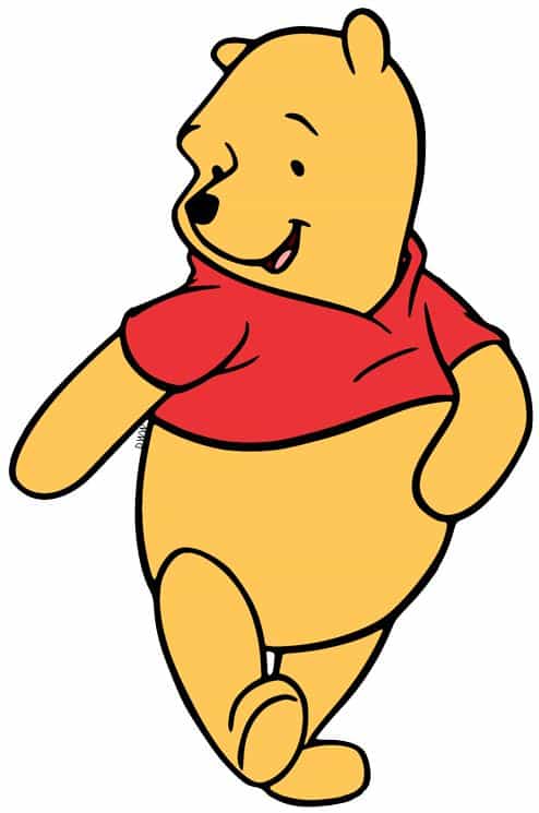 Animated bear character walking joyfully in a red shirt, smiling and looking to the side.
