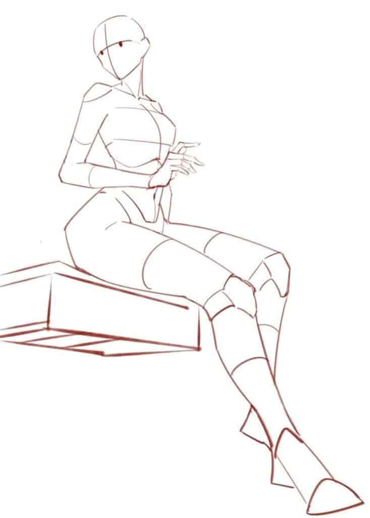 Sketch of a mannequin figure sitting on a ledge, with a focus on body proportions and posture.