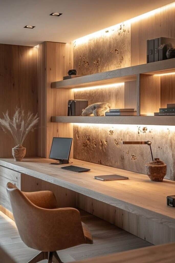 Modern home office with wooden desk, shelves, and ambient lighting, featuring a laptop and decor items.