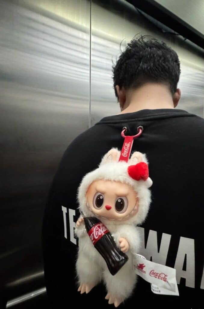 Cute furry keychain with Coca-Cola bottle on a person's back, inside an elevator.