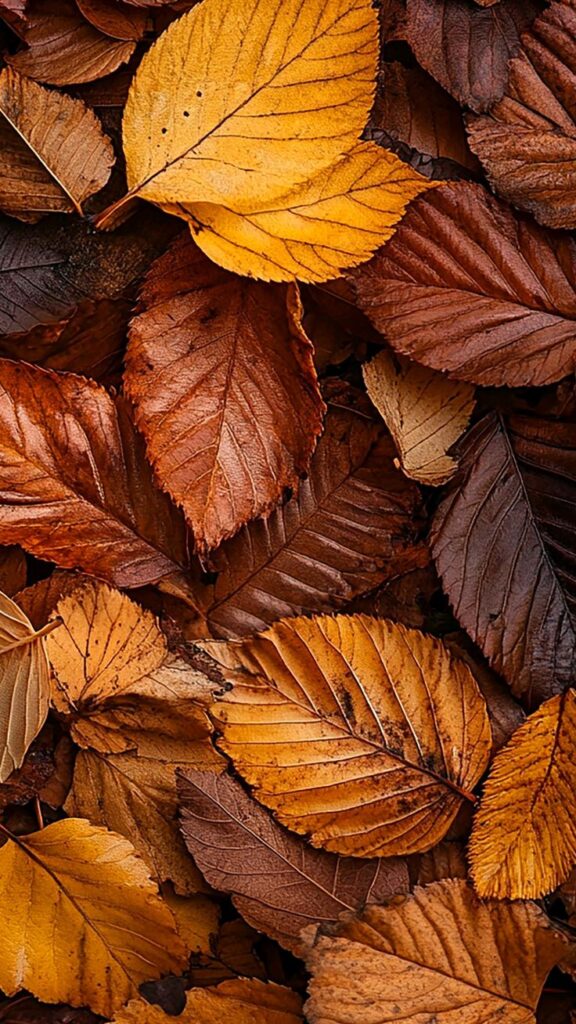 Autumn leaves in shades of orange and brown, creating a vibrant fall foliage background.