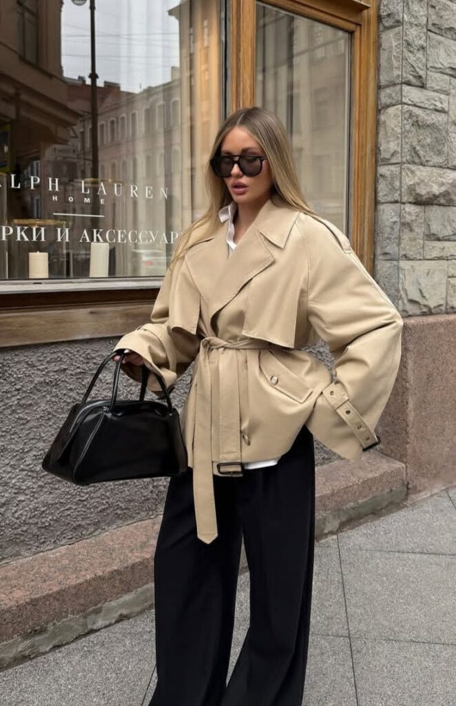 Fashionable woman in beige coat and sunglasses, holding a black handbag on a city street.